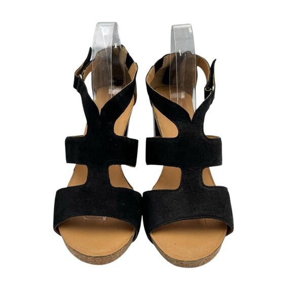 Adrienne Vittadini Saha City Black Nubuck Leather Block Heel Strappy Sandals - Picture 2 of 11
